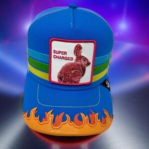 Goorin Bros. Super Charged Rabbit Trucker Hat Blue Orange Flames Cap Rare